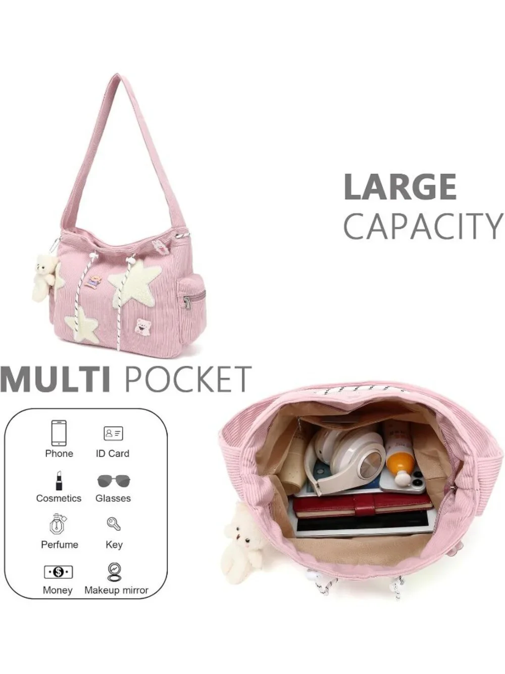 Women's Pink Zipper Kawaii Corduroy Star Crossbody Shoulder Purse